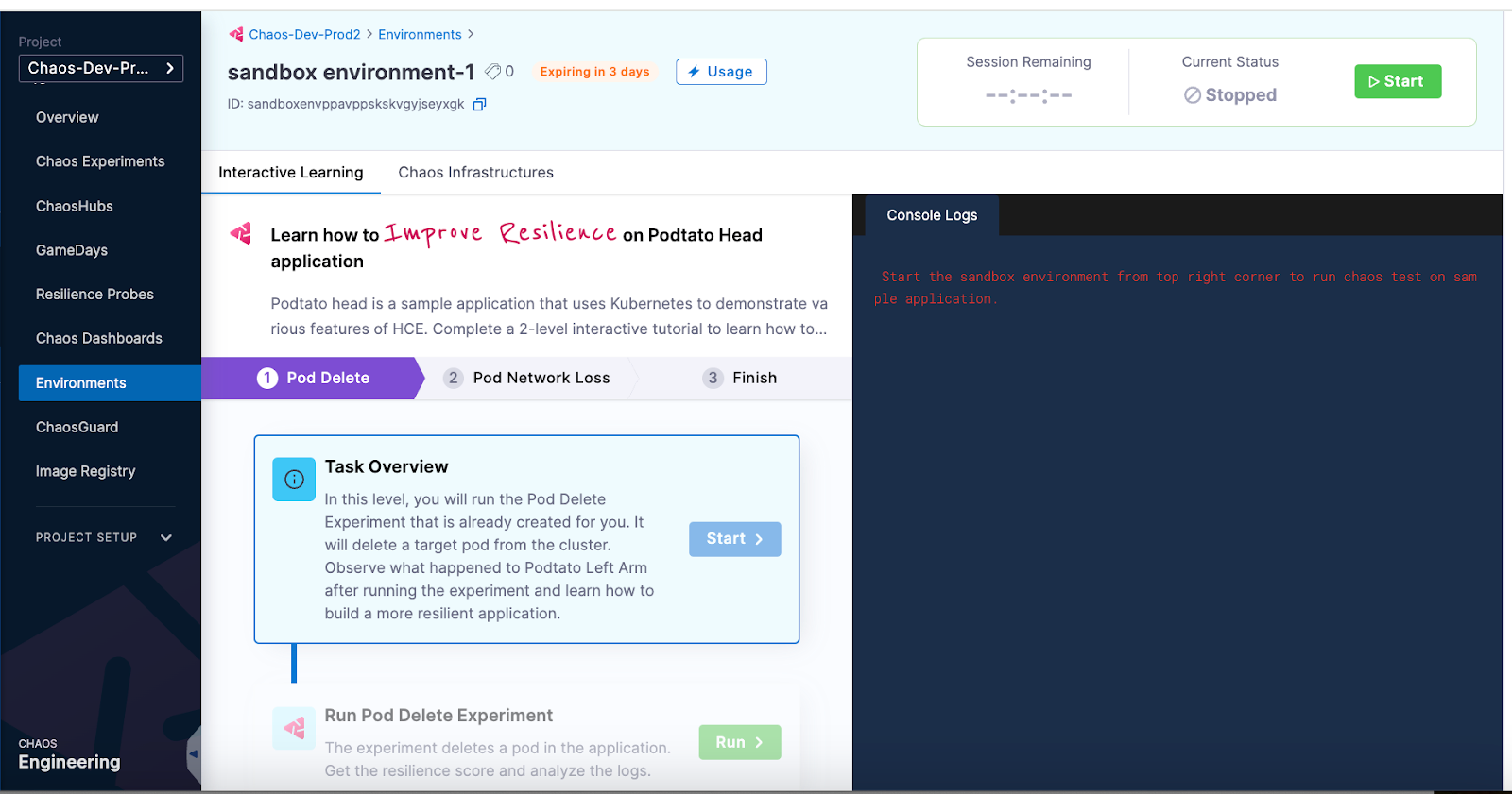 Harness Chaos Sandbox interface showing an interactive learning tutorial for running a Pod Delete experiment