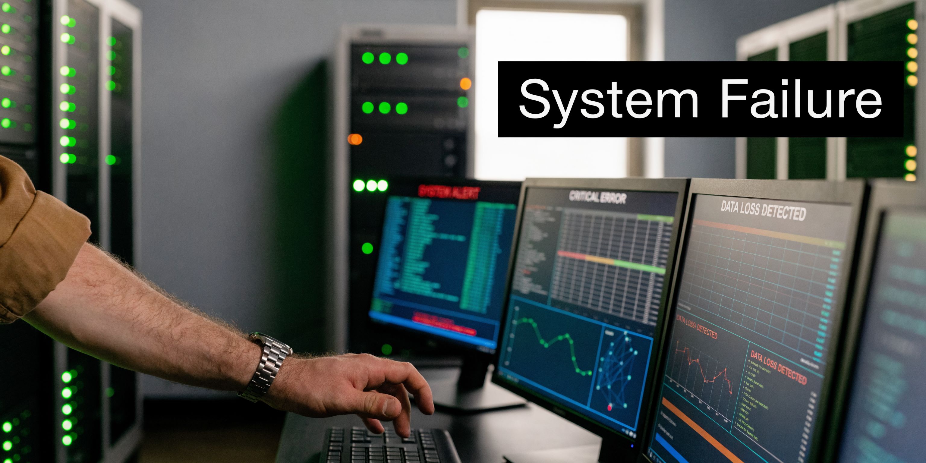 An IT specialist monitoring computer screens displaying critical error and data loss alerts in a server room.
