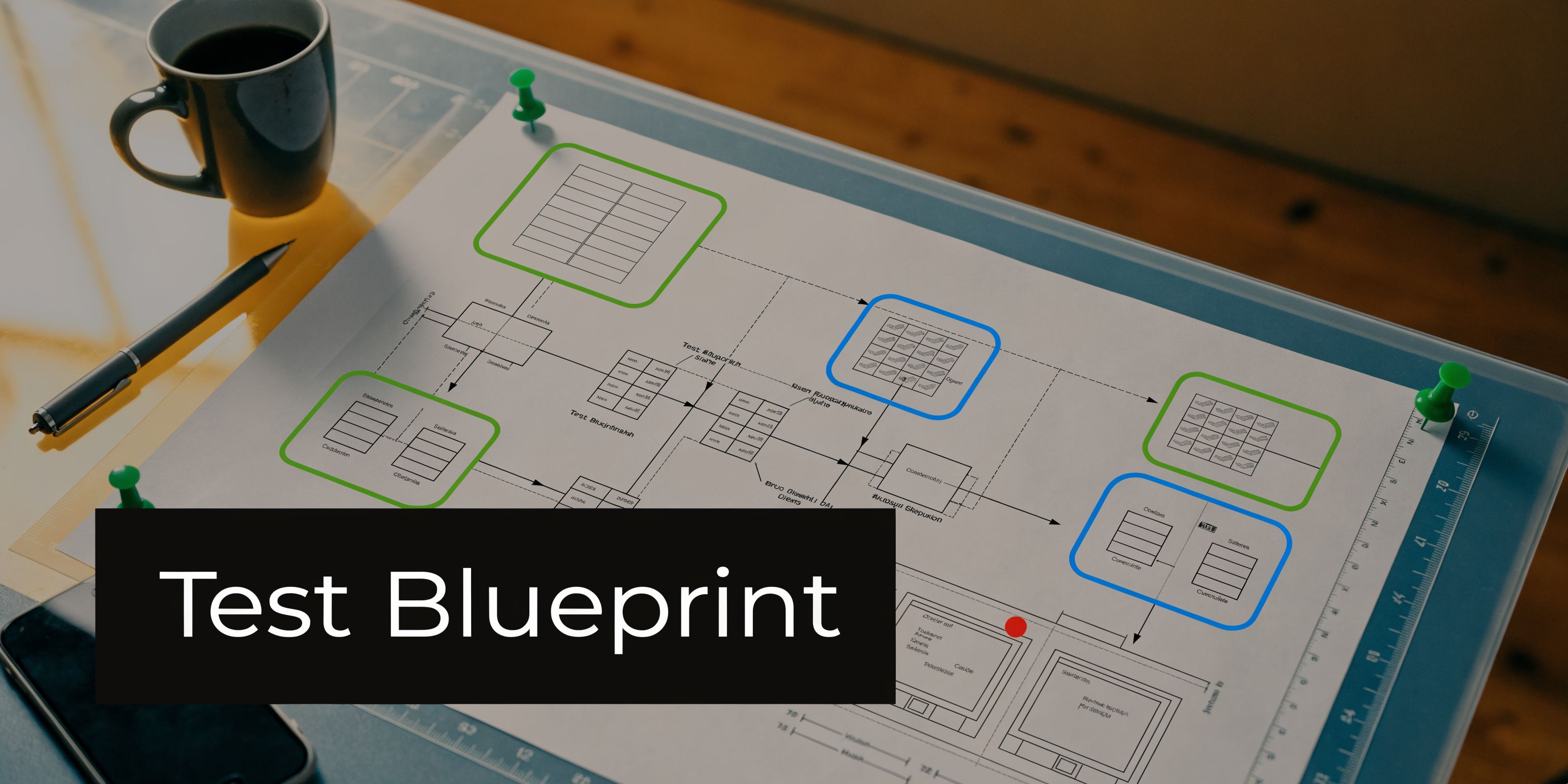 A professional test blueprint diagram laid out on a drafting table for software testing project planning.