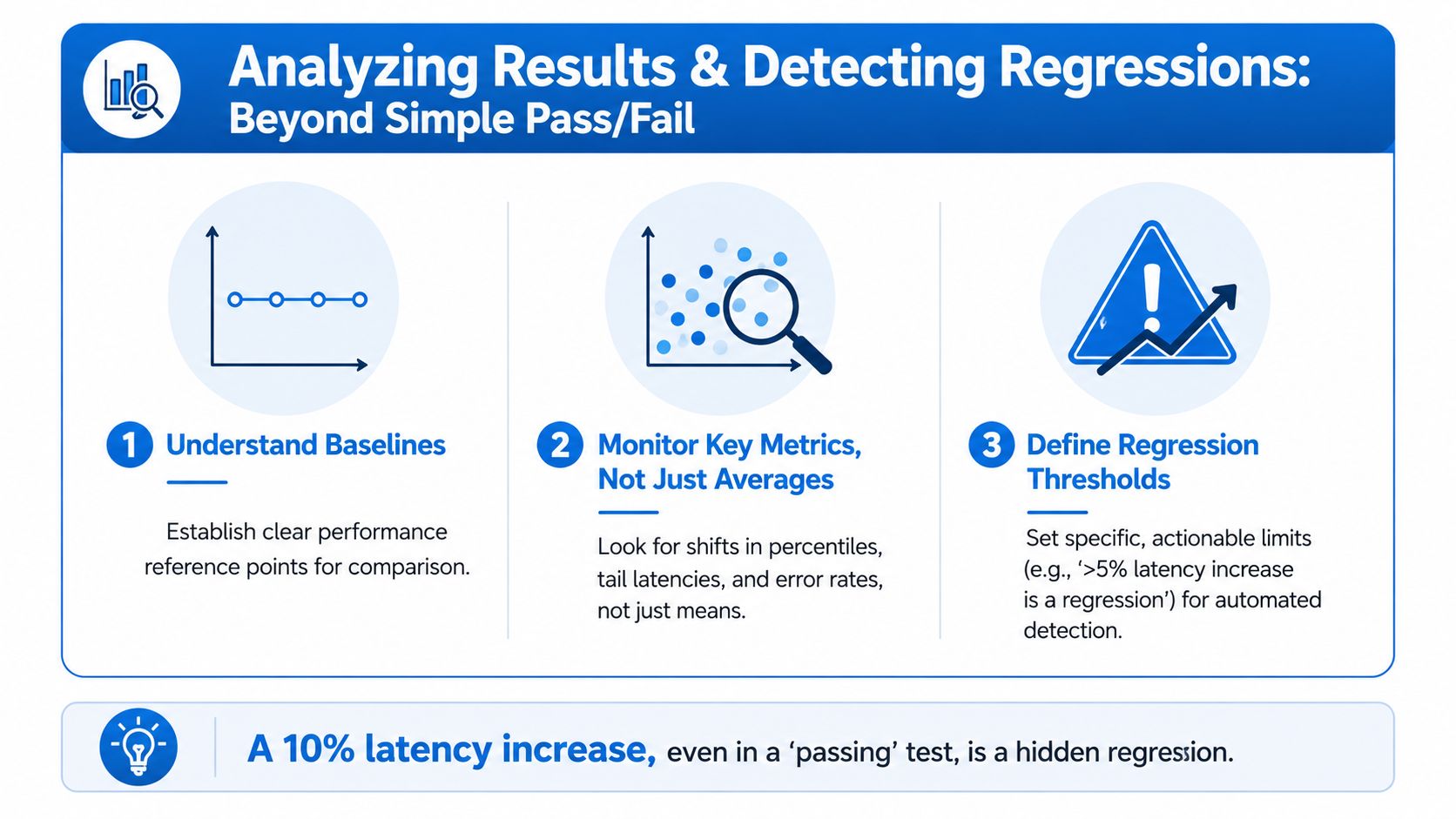 An infographic titled Analyzing Results & Detecting Regressions highlighting three key strategies for evaluating software performance test results.