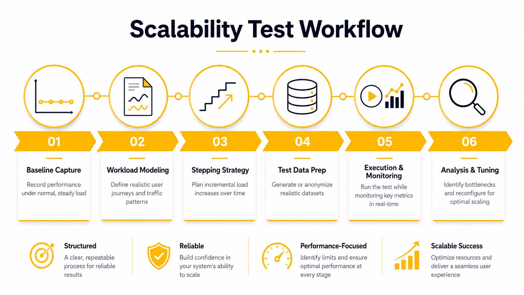 A six-step infographic illustrating the sequential workflow for conducting scalability testing in a software development project.