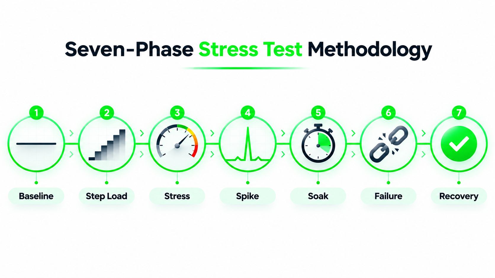 An infographic illustrating a seven-phase stress test methodology for software performance testing ranging from baseline to recovery.
