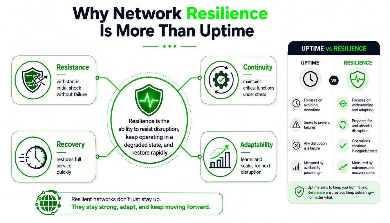 An infographic detailing network resilience, highlighting four key pillars: resistance, recovery, continuity, and adaptability versus uptime.