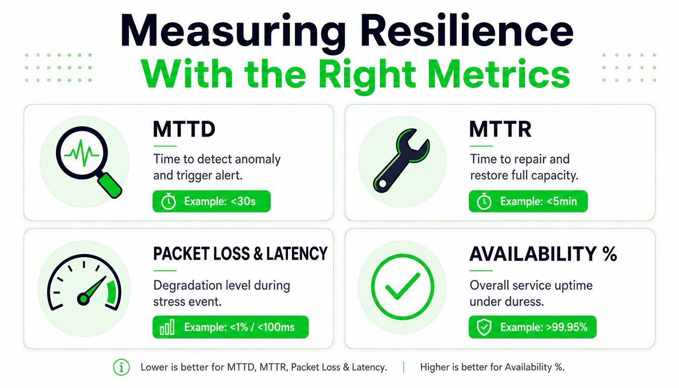 An infographic titled Measuring Resilience With the Right Metrics showing MTTD, MTTR, Packet Loss, Latency, and Availability.
