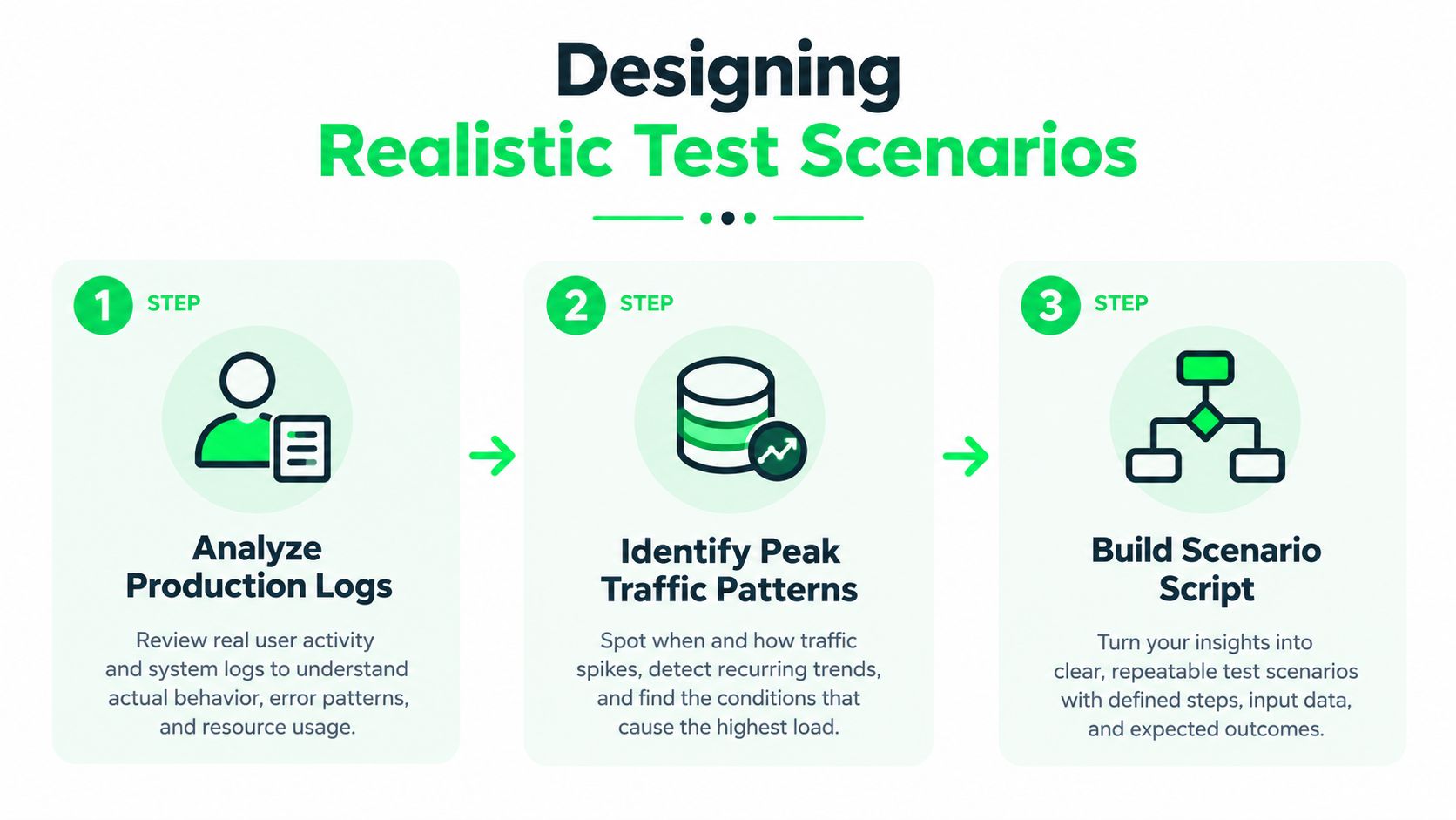 An infographic showing a three-step guide to designing realistic test scenarios for software application performance testing.