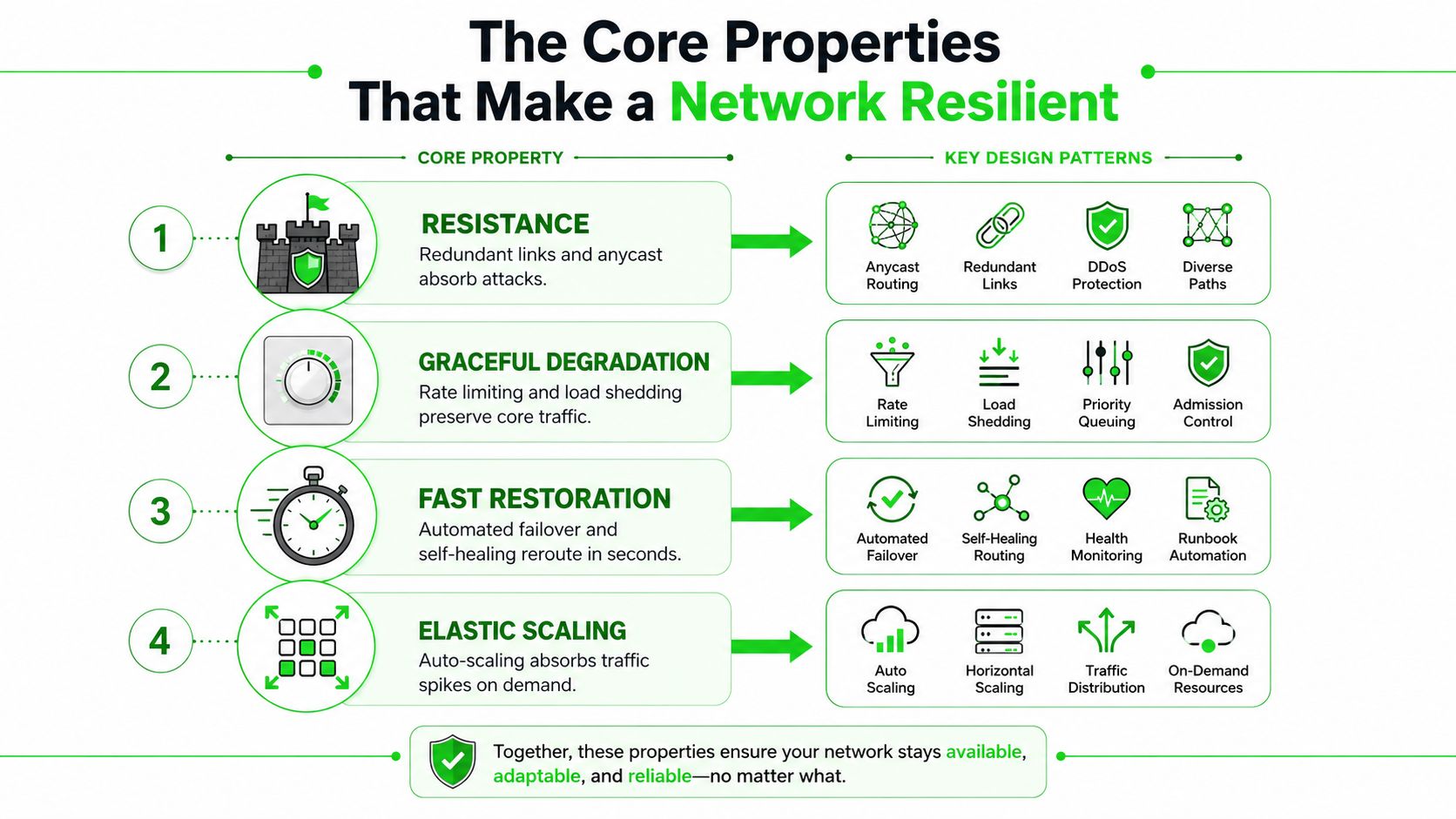 A diagram illustrating the four core properties of a resilient network: resistance, graceful degradation, fast restoration, and elastic scaling.