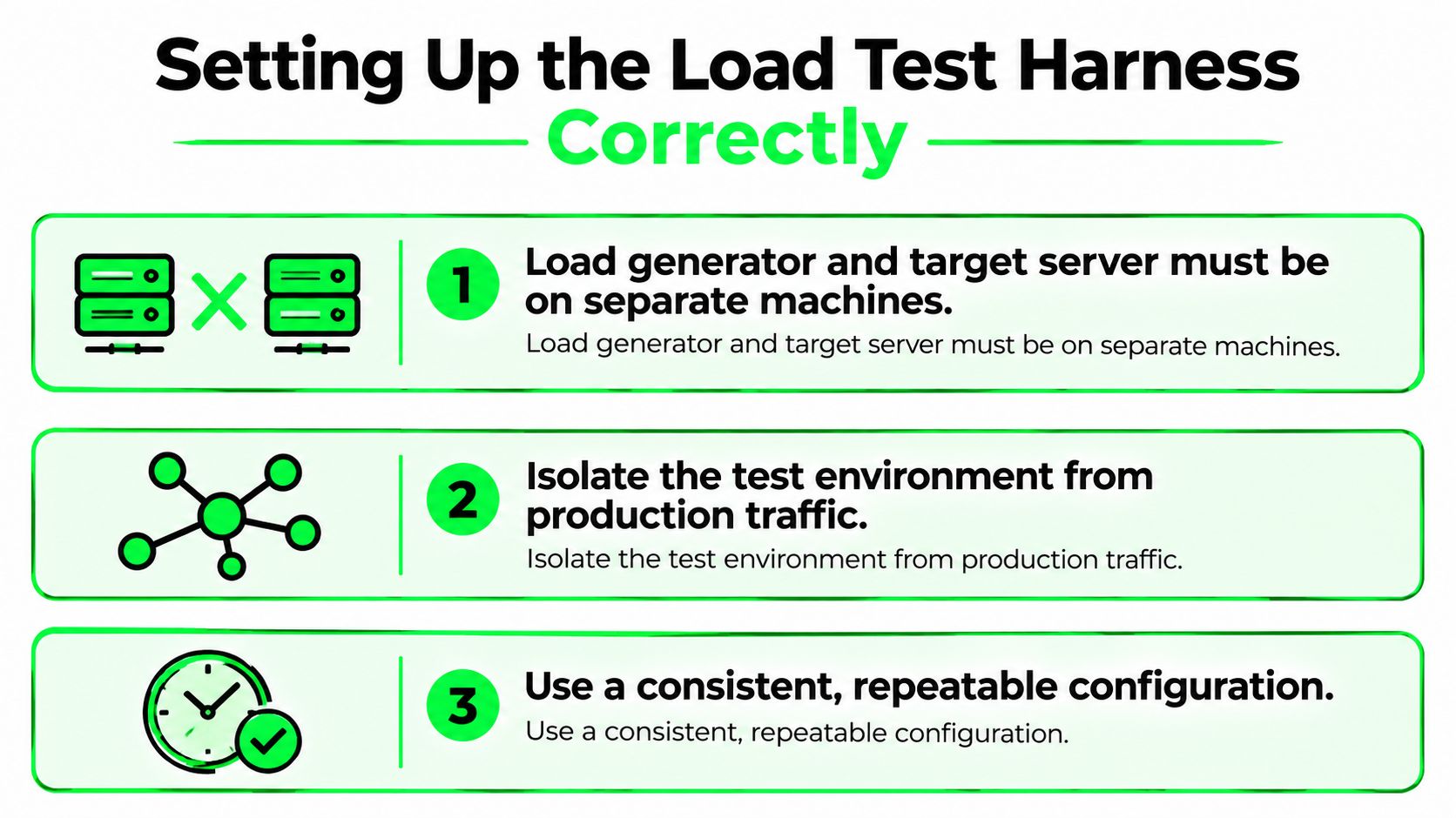 A visual guide outlining three best practices for correctly setting up a software load test harness.