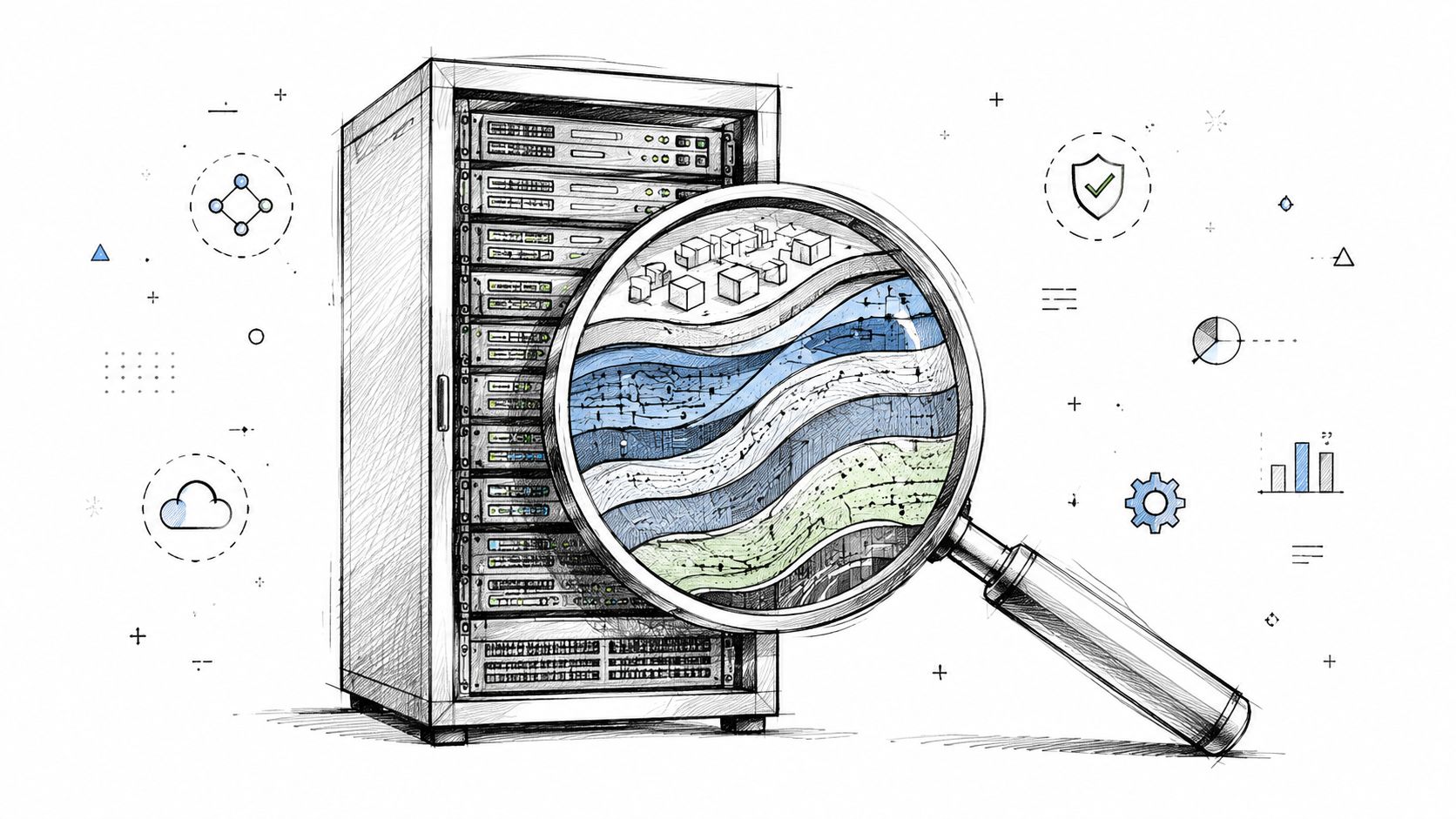 A hand-drawn illustration showing a server rack being examined by a magnifying glass, revealing layered data.