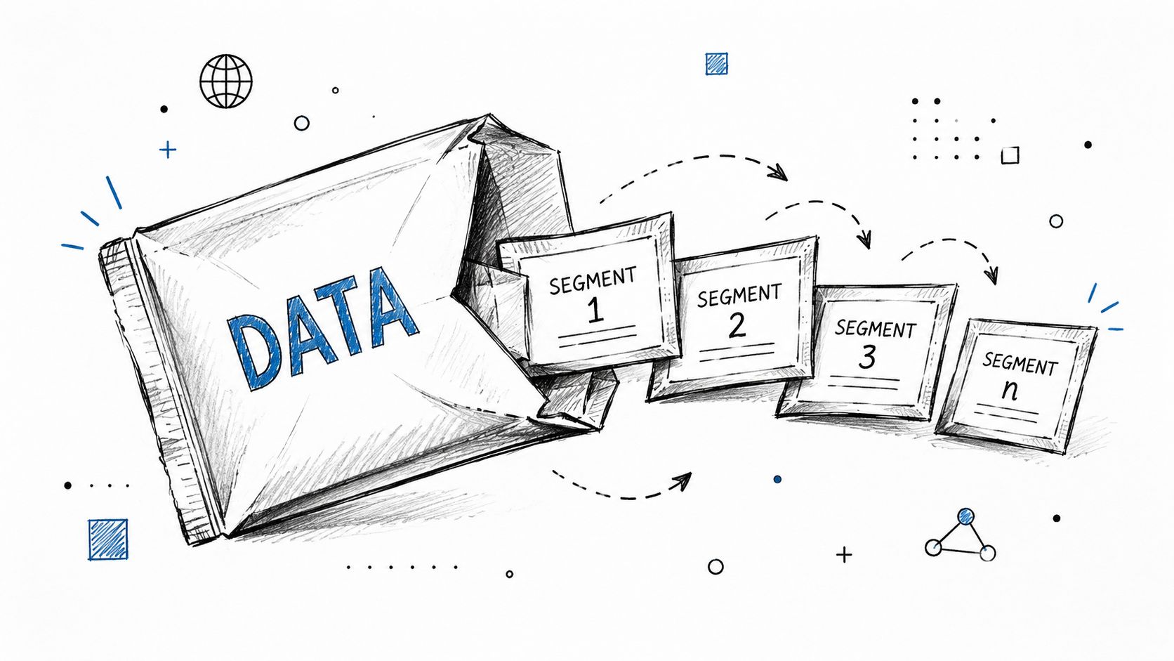 A hand-drawn illustration showing a data packet being broken down into smaller sequential segments for transmission.