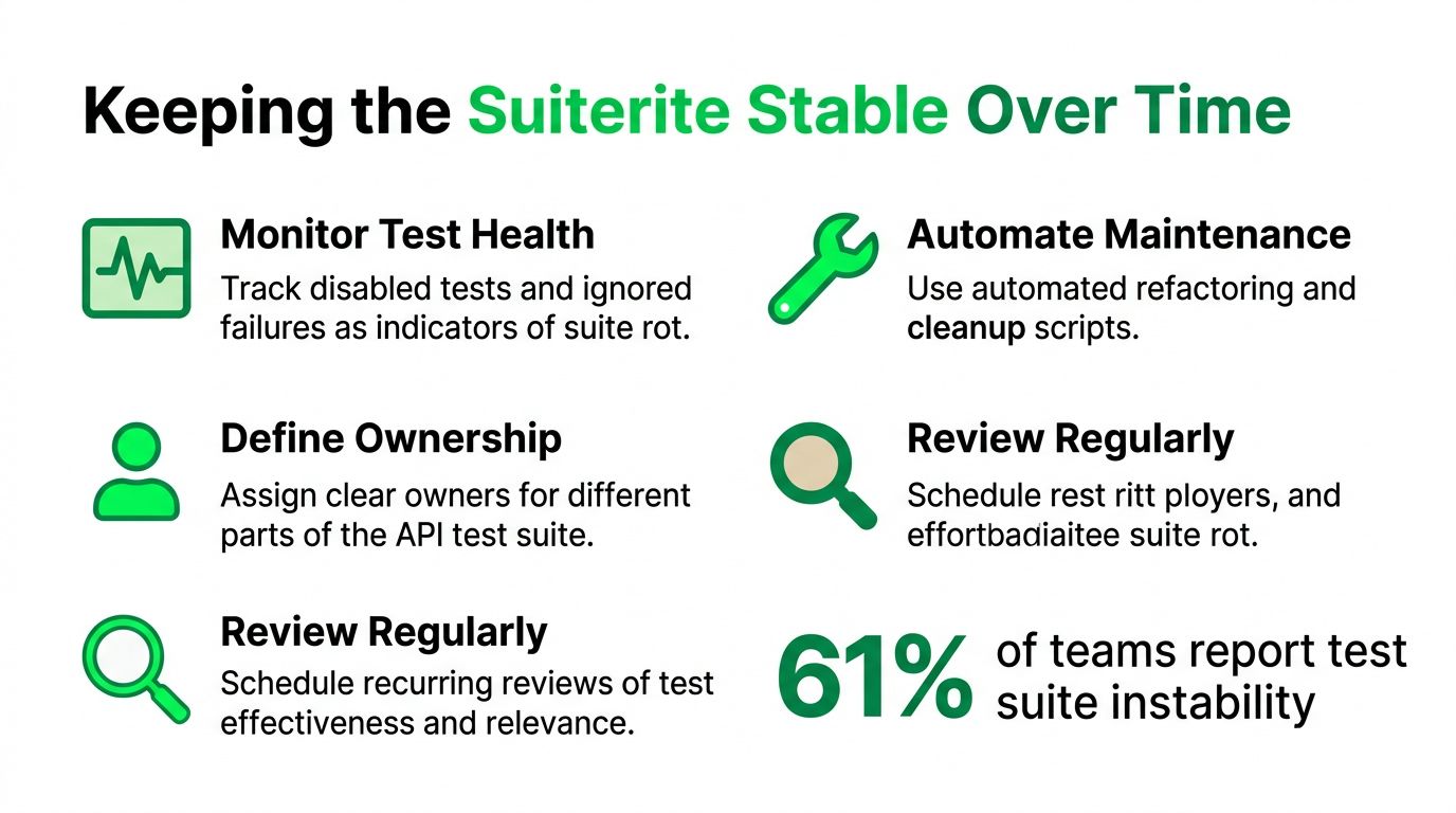A graphic providing strategies for keeping an API test suite stable to prevent suite rot and instability.