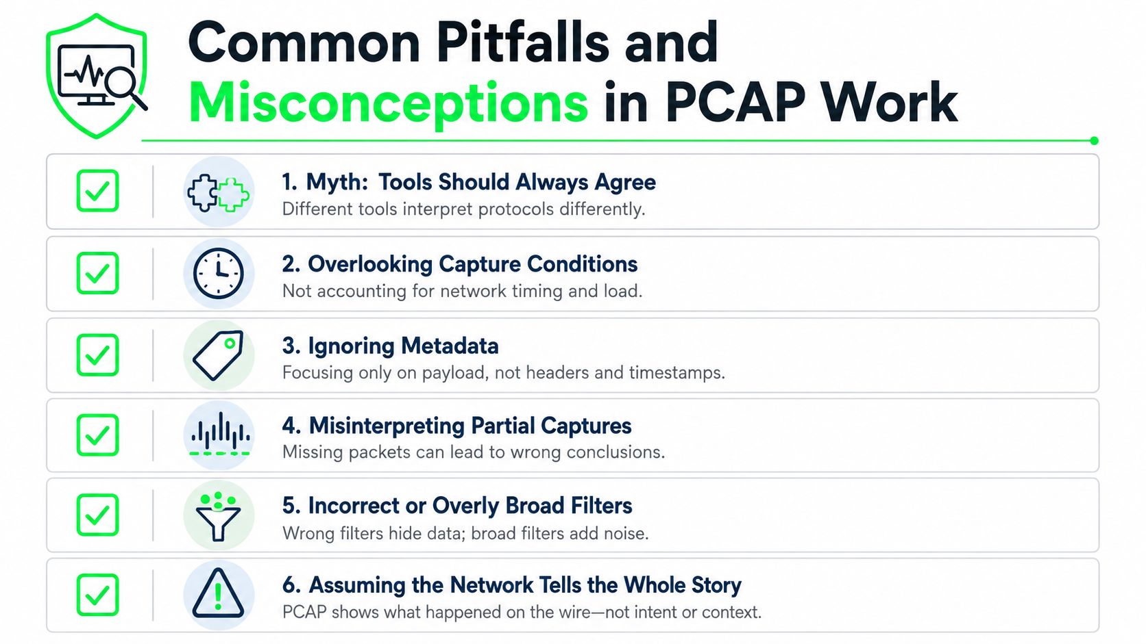 A diagram listing six common pitfalls and misconceptions encountered during network packet capture and analysis work.