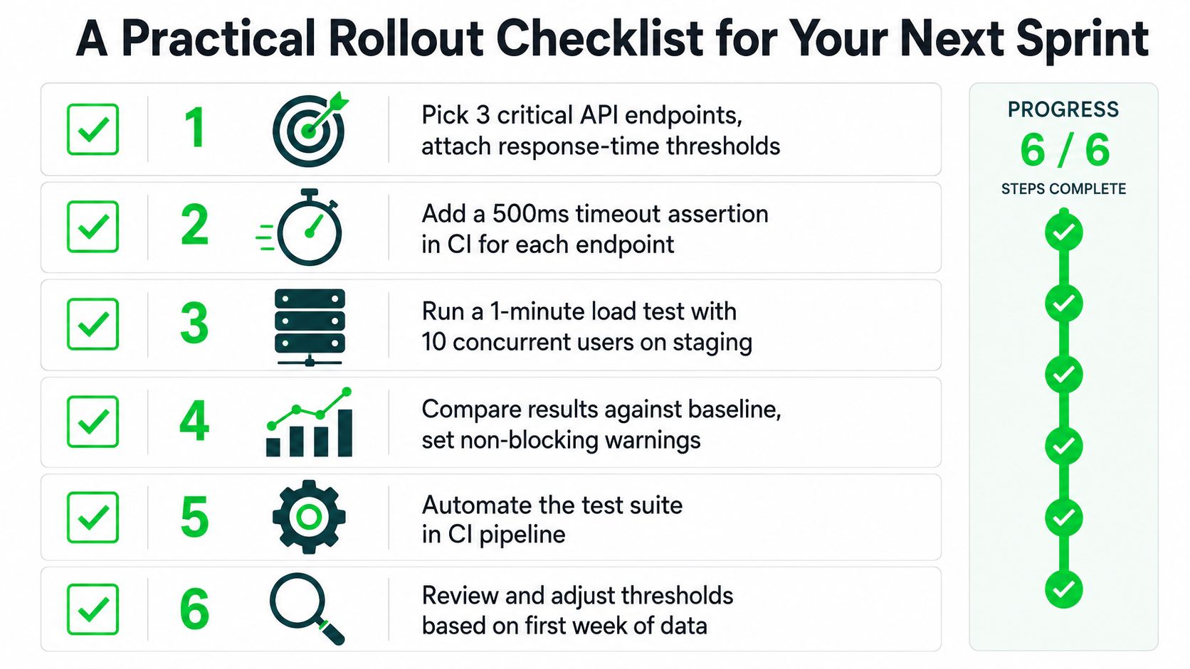 A six-step checklist for a practical rollout for your next sprint, focusing on performance testing and monitoring.