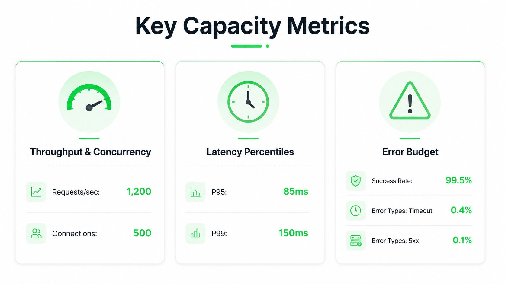 A dashboard showing key capacity metrics including throughput, latency percentiles, and error budget data for server monitoring.