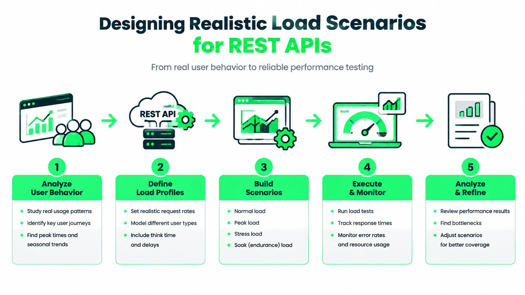 A five-step infographic illustrating the process of designing realistic load scenarios for testing REST APIs.
