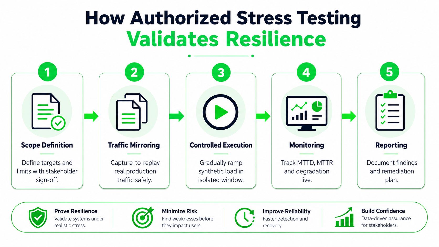 A five-step infographic showing the authorized stress testing process to validate and improve network system resilience.