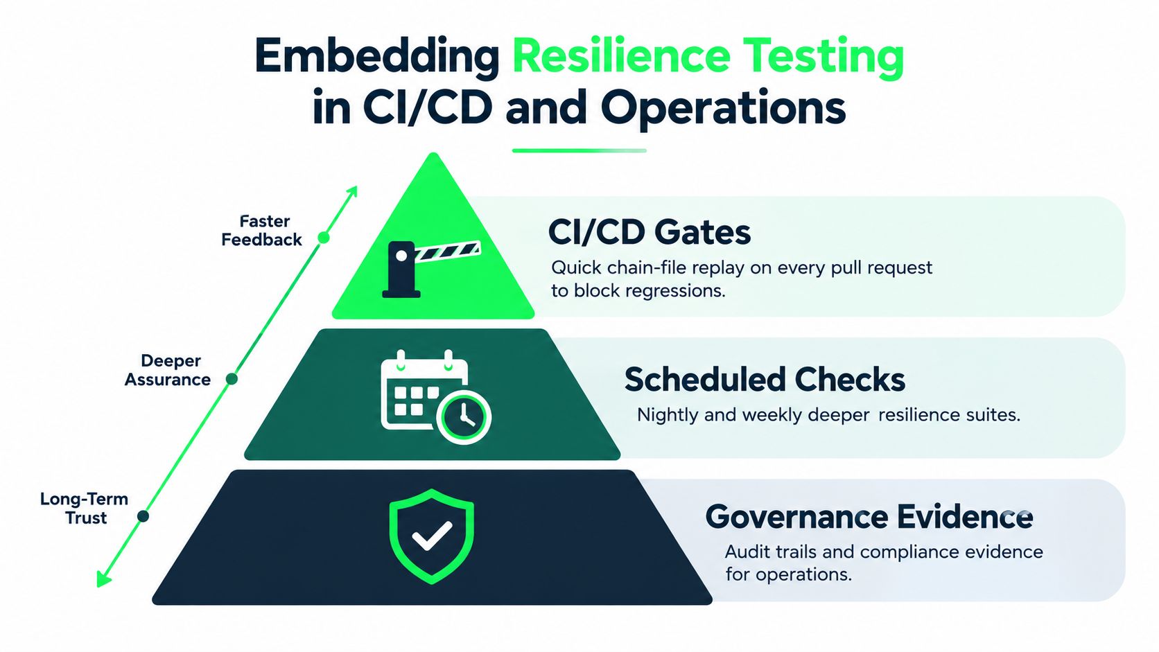 A pyramid diagram showing three levels of resilience testing: CI/CD Gates, Scheduled Checks, and Governance Evidence.
