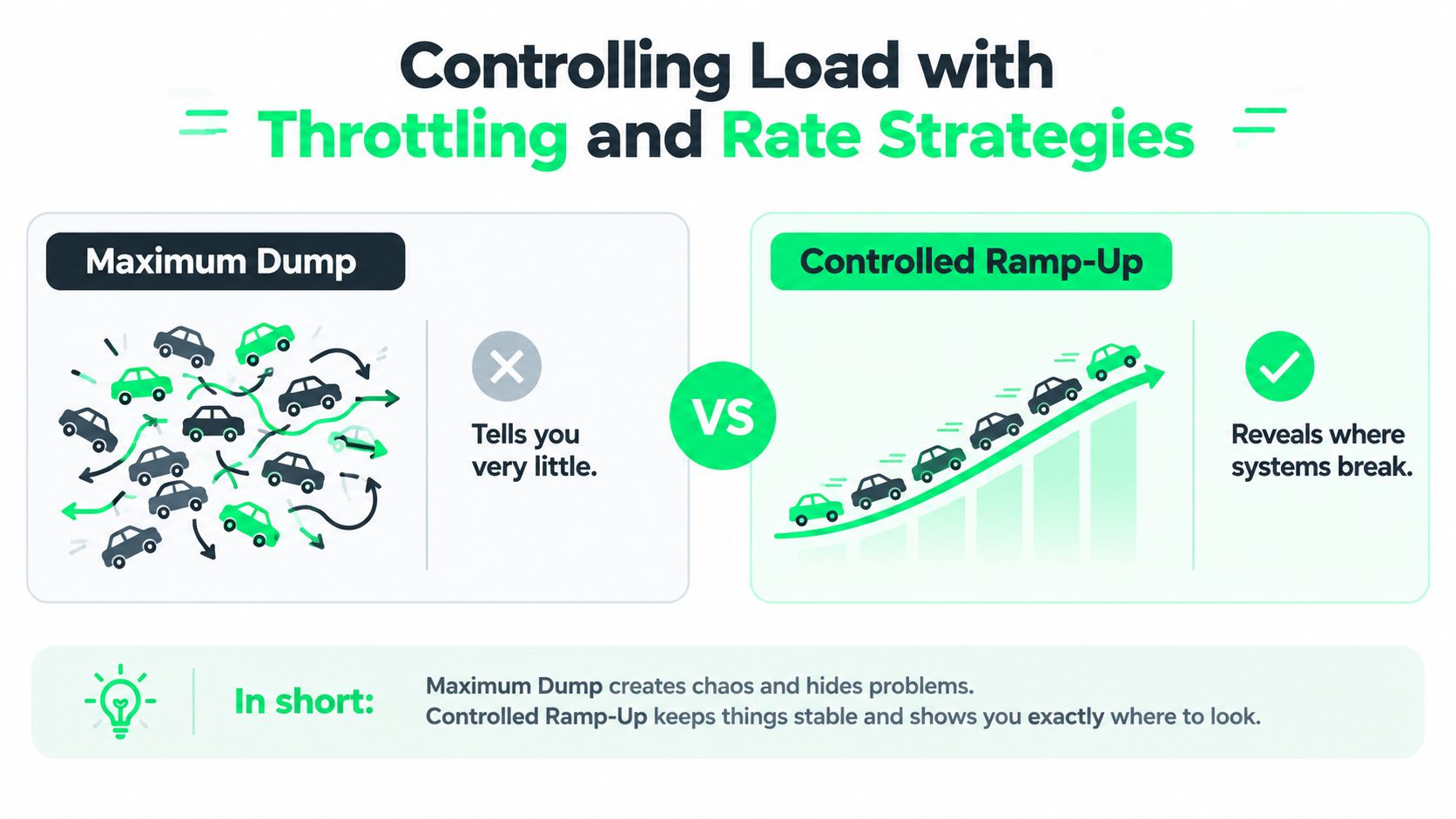 A diagram comparing Maximum Dump, showing chaotic traffic, against Controlled Ramp-Up, displaying steady, organized testing traffic.