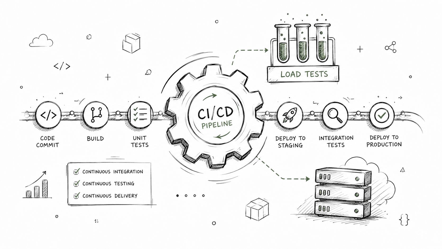 A hand-drawn illustration showing the steps of a CI/CD pipeline, including code commit, testing, and deployment.