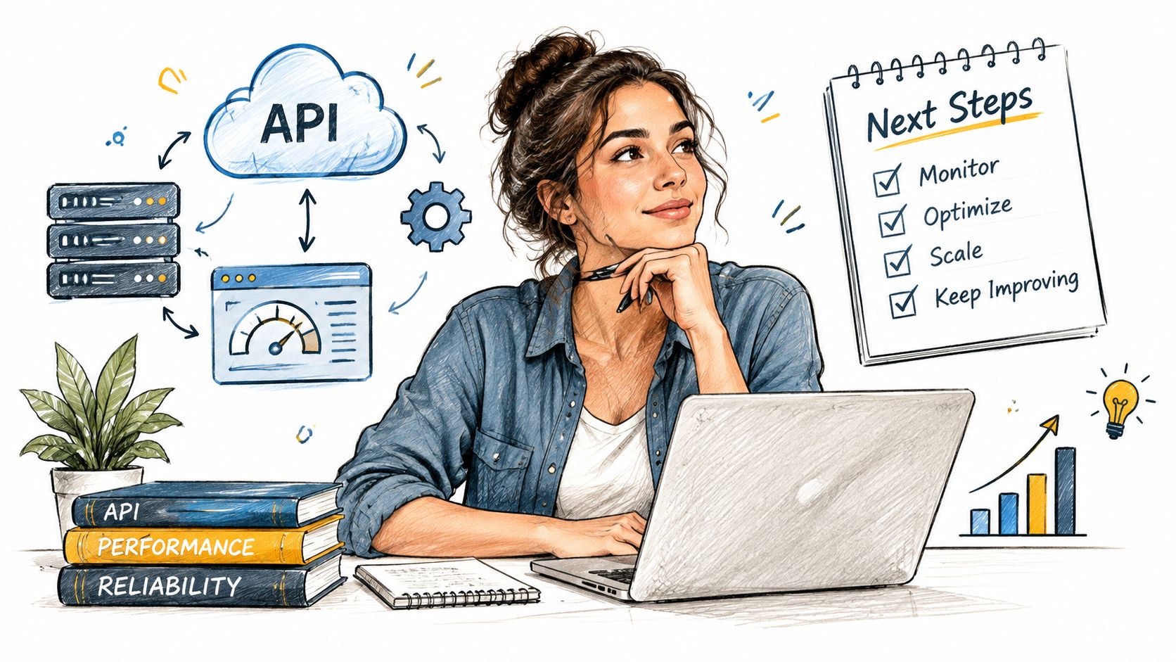 A woman sketching out API load testing strategies and performance optimization steps while working on her laptop.