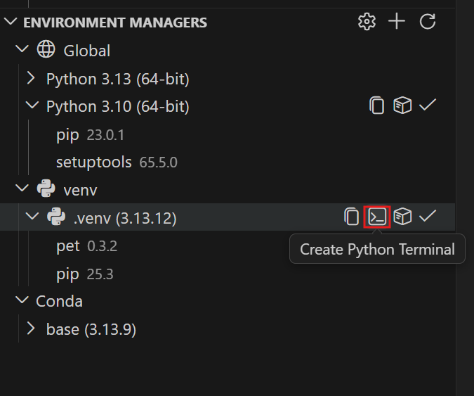 Screenshot showing the Environment Managers tree view with a venv environment selected and the Create Python Terminal tooltip visible on the terminal icon button.