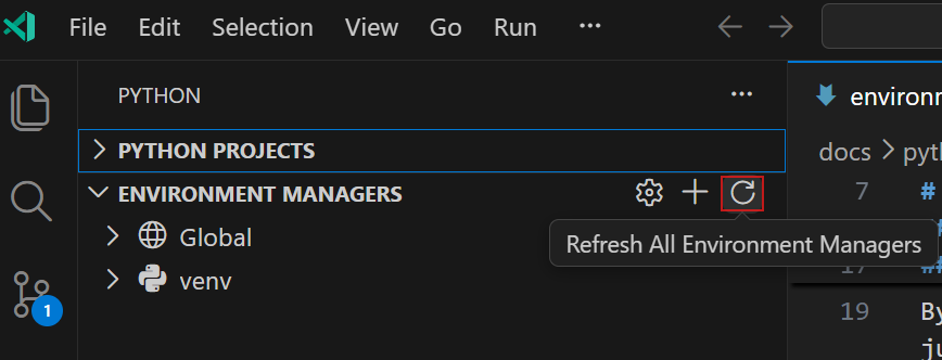 Screenshot showing the Environment Managers panel in the Python sidebar with the refresh button highlighted in the view header.