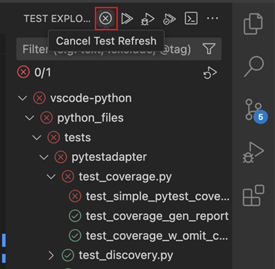 Cancel test discovery button in the Test Explorer.