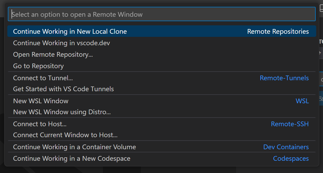 Screenshot showing development environment options for the Continue Working On command.