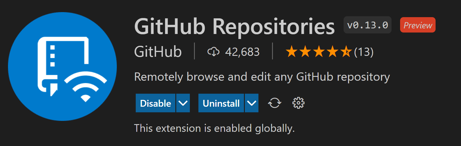 Screenshot showing a remote repository opened with the GitHub Repositories extension.