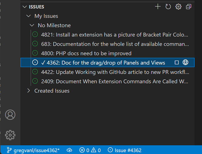 Screenshot showing an active issue and its branch in the Status Bar.