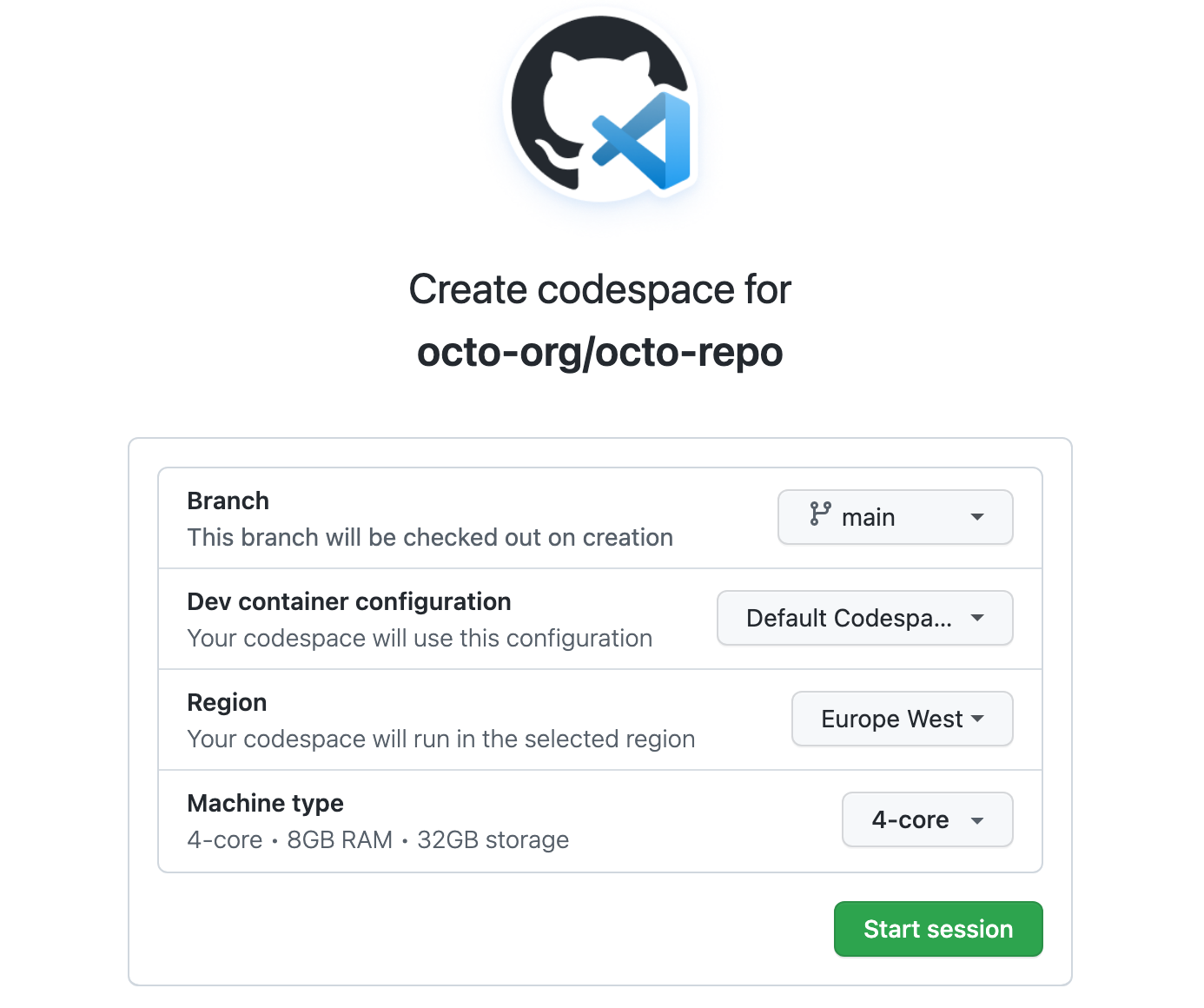 The codespace options page