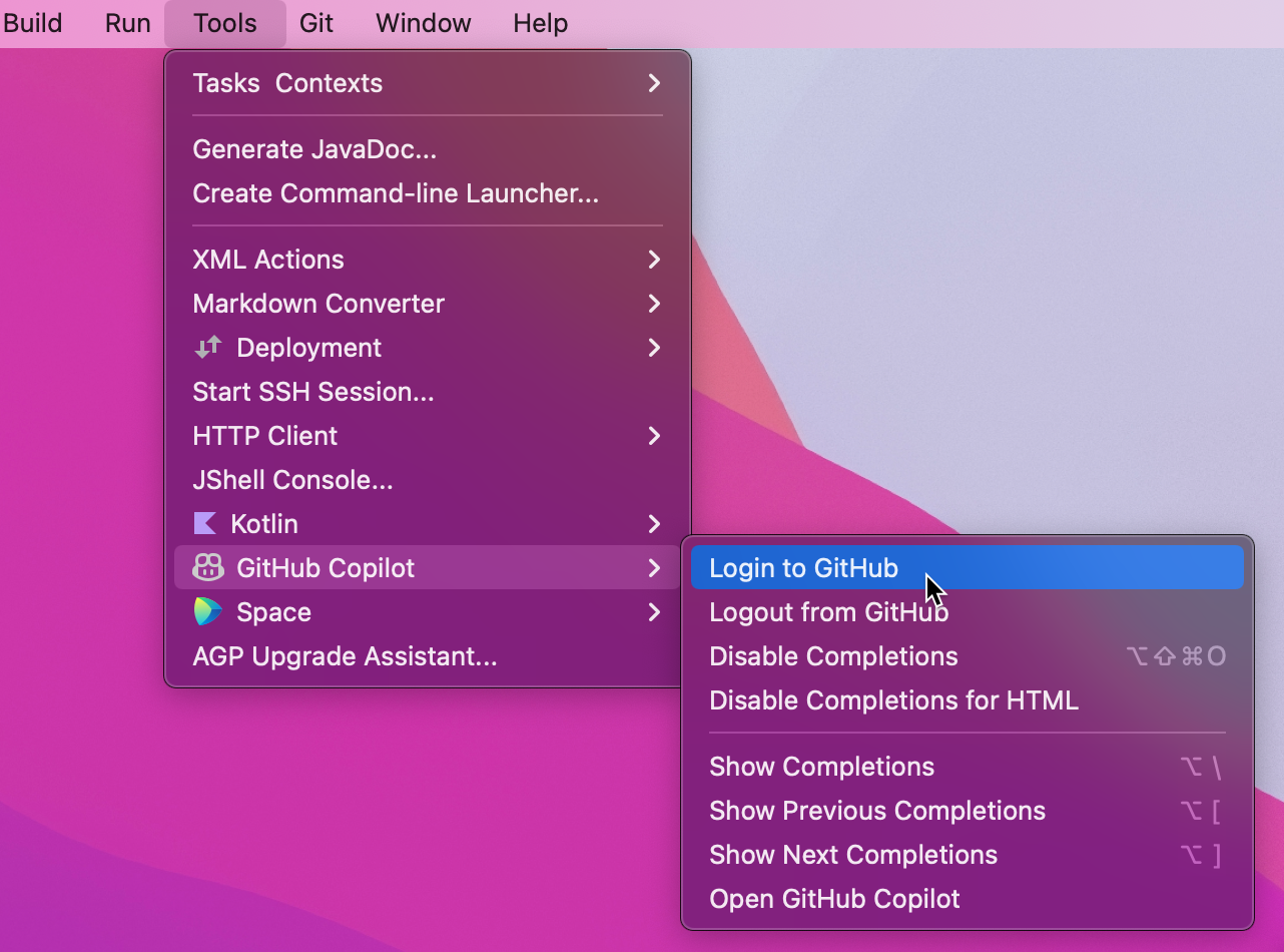 Screenshot of the JetBrains Tools menu